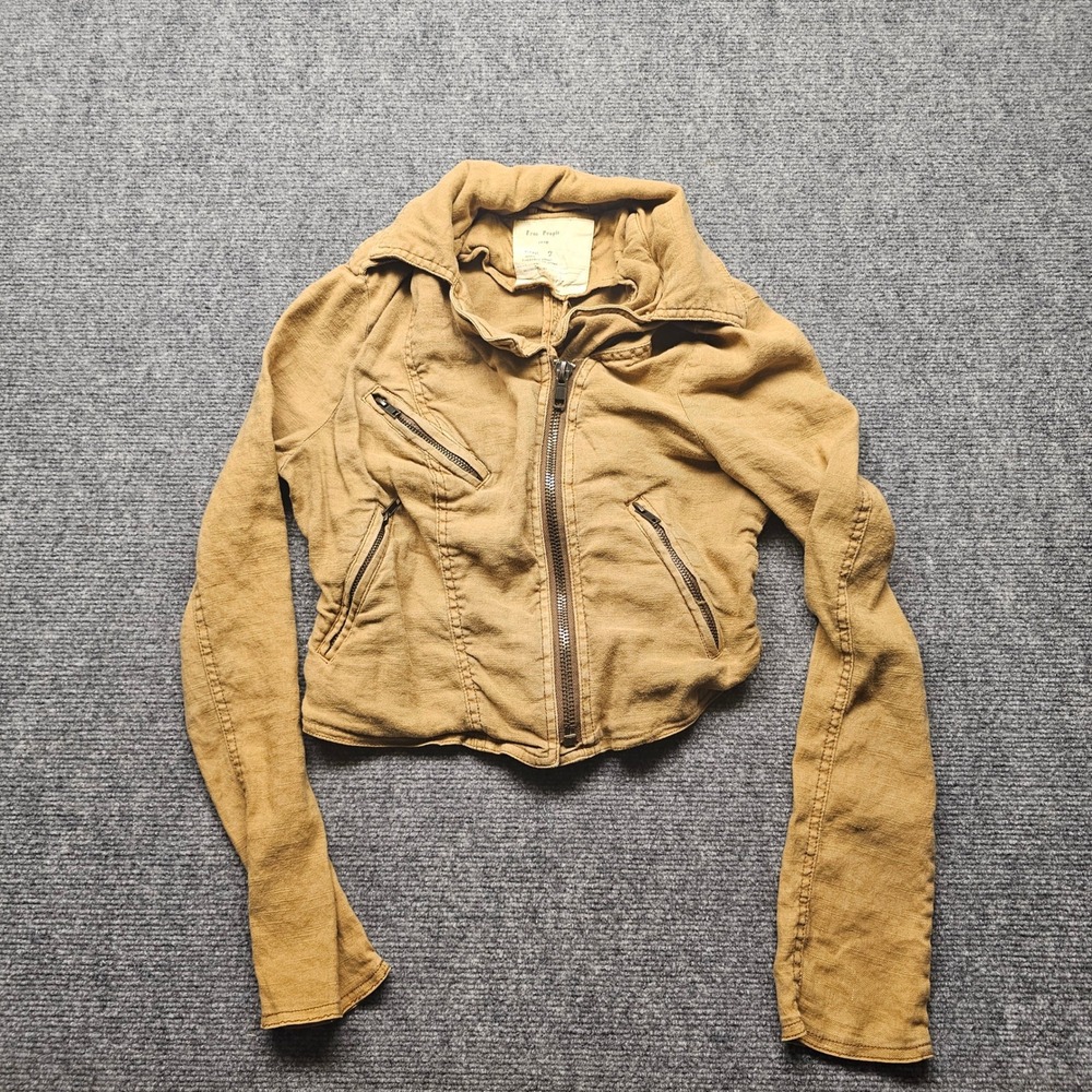 Free People 1970 Tan Linen Blend Moto Jacket Military Zip Cropped Size 2